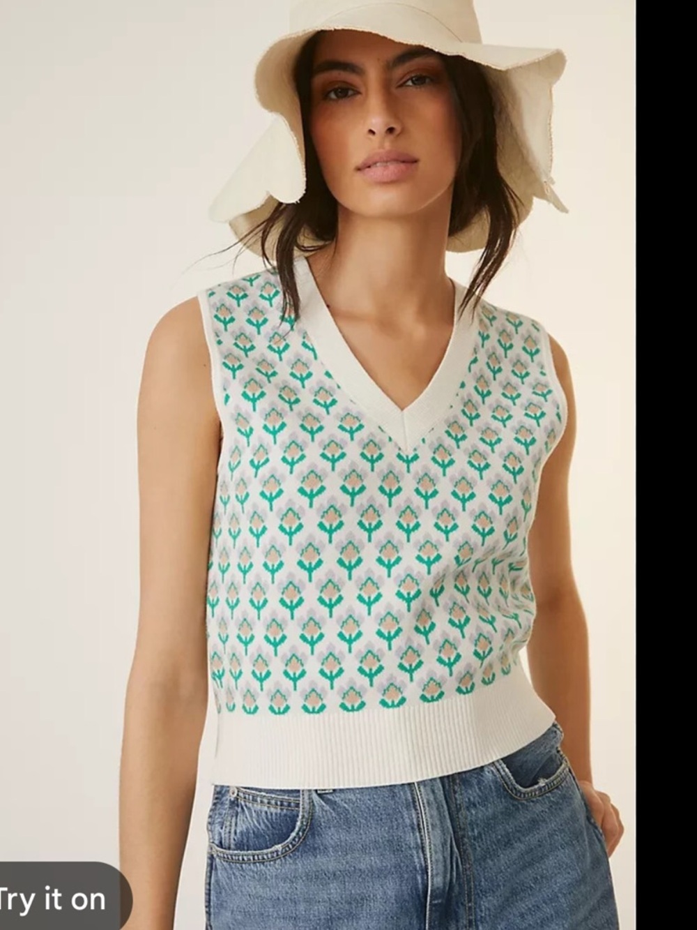 Anthropologie White & Teal Patterned V-Neck Sleeveless Sweater Vest